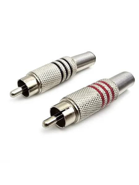 Штекер RCA тюльпан металл, D-7мм, под пайку, серебро, пружина антизалом, красное / черное кольцо, комплект - 2шт