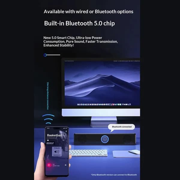 BT5.0 Проводной настольный звукбар для ПК с двумя динамиками и 3D-звуком