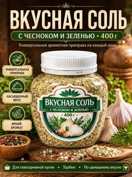 Соль с чесноком и зеленью вкусная 400 г, универсальная приправа с зеленью для мяса, картофеля, курицы и гарниров