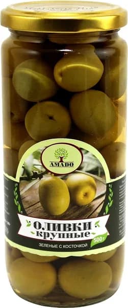 Оливки зелёные с косточкой крупные AMADO, 500 г