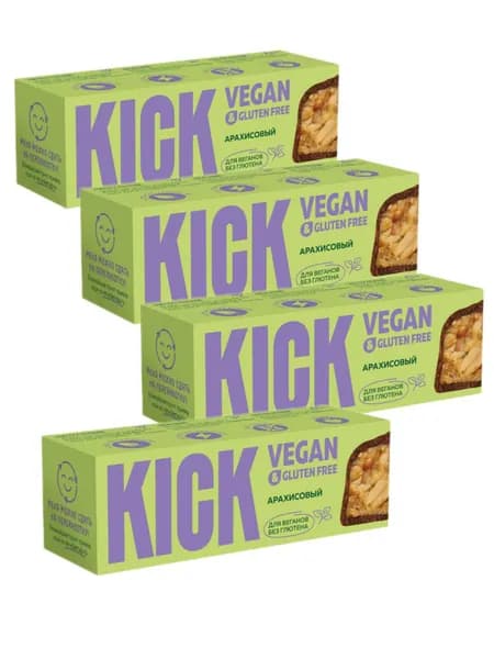 KICK VEGAN&GLUTEN FREE Батончик Арахисовый в Тёмном Шоколаде 45г.- 4шт.
