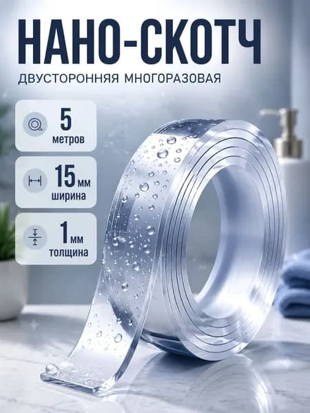 Нано-скотч многоразовый двухсторонний 15 мм х 5 м ТУНДРА