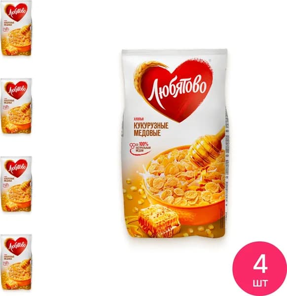 Кукурузные хлопья Любятово медовые 250г / готовый завтрак (комплект из 4 шт)