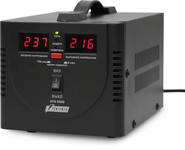 Стабилизатор POWERMAN AVS 500D, черный, ступенчатый регулятор, цифровые индикаторы уровней напряжения, 500ВА