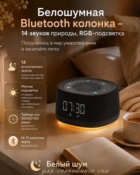 Bluetooth колонка с белым шумом и звуками природы, ночник RGB для сна, беспроводная акустика с таймером и Bluetooth 5.4 для спальни, детей и релаксации