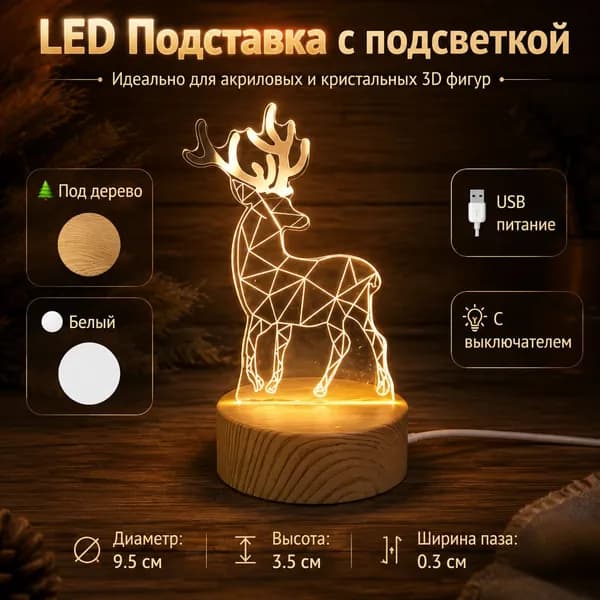 LED подставка с подсветкой для демонстрации изделий - USB держатель с выключателем, диаметр 9.5 см, под кристаллы, стекло, акрил, ювелирные украшения
