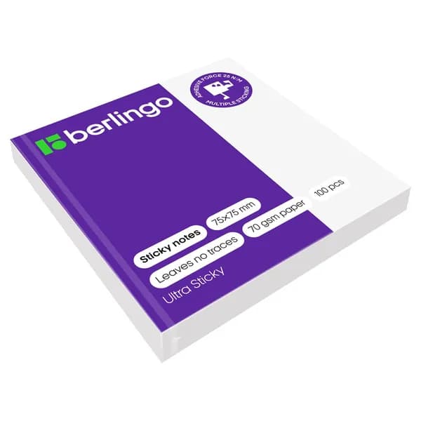 Самоклеящийся блок Berlingo "Ultra Sticky", 75*75мм, 100л., белый (LSn_39210)