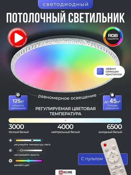 Светильник накладной RGB с пультом, люстра потолочная 46см