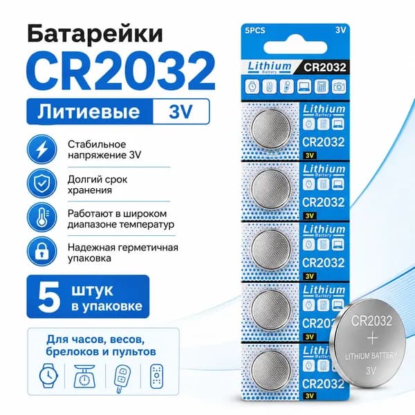 Батарейки CR2032 литиевые, 5шт