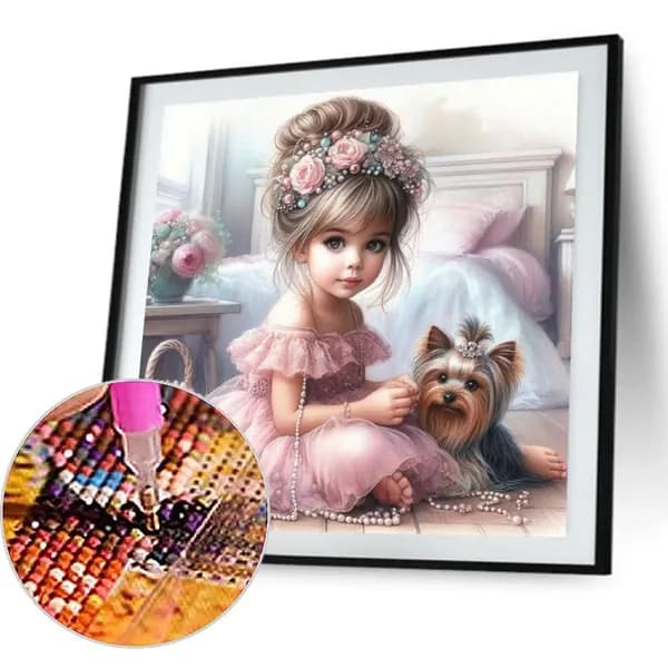 Диамантная картина Девочка с собакой 30 30 см, 5D, из смолы