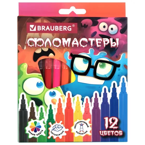 Фломастеры Brauberg кросс-серия Монстрики, 12 цветов, вентилируемый колпачок
