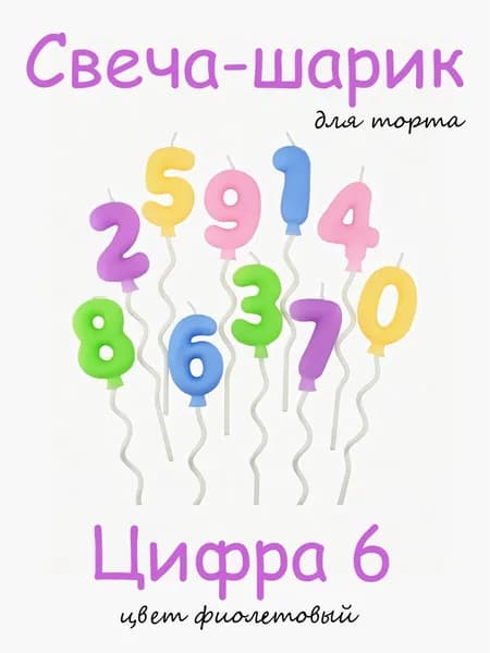 Свеча цифра 6 фиолетовая на торт в виде воздушного шара, 9 см, 1 шт, для дня рождения и фотосессии