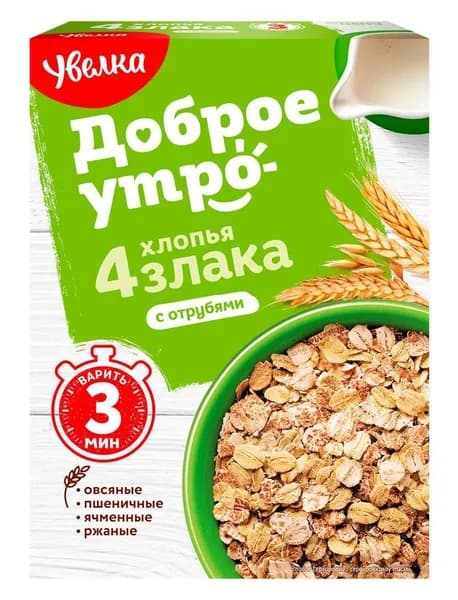Увелка Хлопья мультизерновые, тонкие, с пшеничными отрубями, 350 гр.