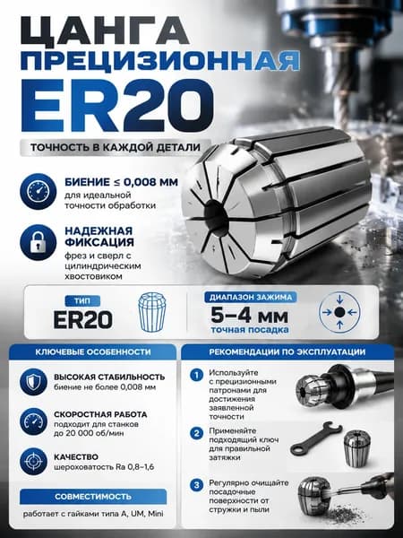 Цанга ER20 5-4 мм прецизионная для фрезерного станка, зажимная цанга для фрез и сверл с цилиндрическим хвостовиком