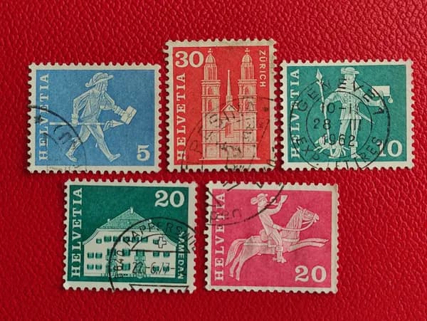 Марки Швейцария 1960. "История почты /местные мотивы / памятники архитектуры". Возможна наклейка - см фото
