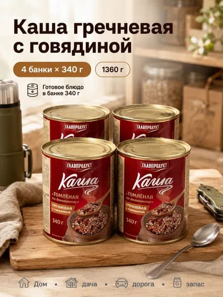 Каша гречневая с говядиной Томленная по домашнему Главпродукт 4 штуки по 340 гр