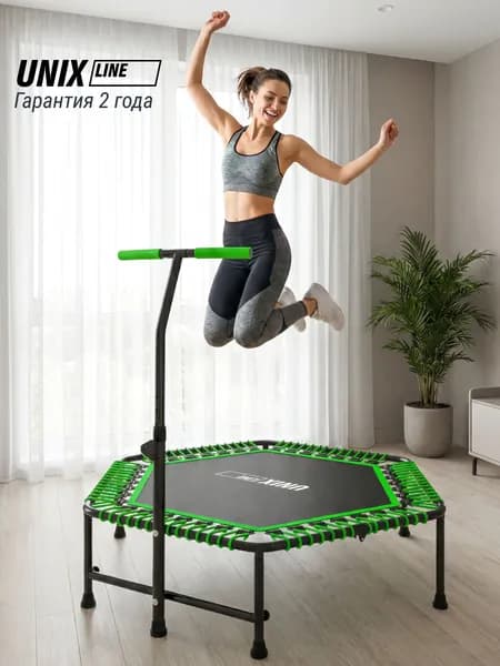 Батут спортивный для фитнеса и джампинга с ручкой UNIX Line Фитнес / Fitness, диаметр 125 см, до 130 кг, для взрослых и детей, для дачи и дома, зеленый