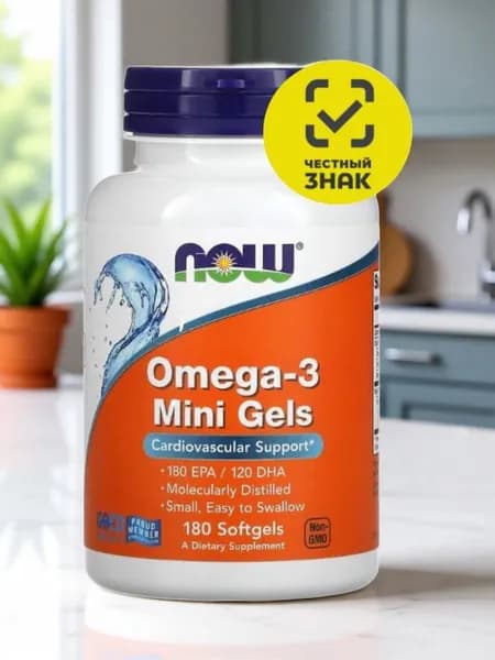 NOW Foods, жирные кислоты омега-3 в мини-капсулах, 180 ЭПК / 120 ДГК, 180 капсул Честный Знак