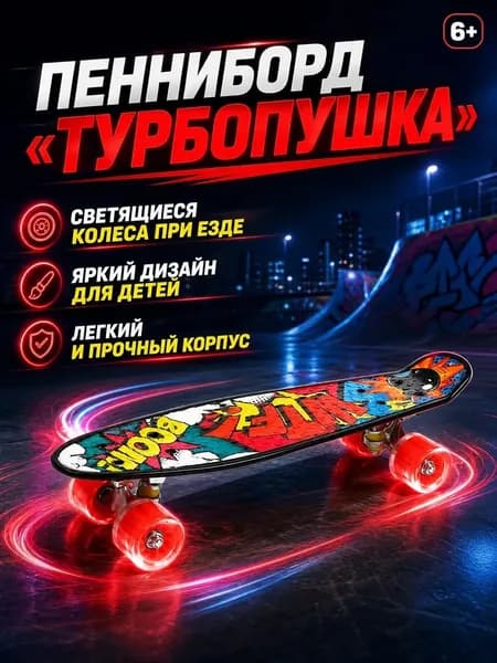 Скейтборд Пенни борд детский ONLYTOP "Турбопушка", размер 56 х 16 см, колеса световые PU, диаметр 60 х 45 мм, ABEC 7, разноцветный