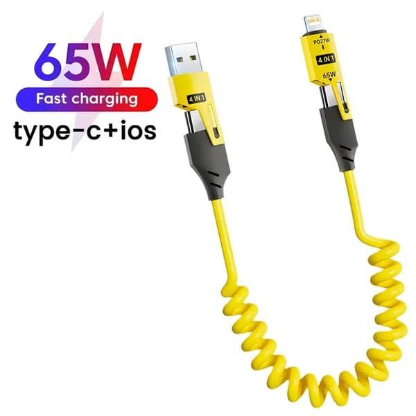 4in1 Кабель для быстрой зарядки TYPEC 65W с двойным наконечником, пружинный, автомобильный PD27W выдвижной кабель