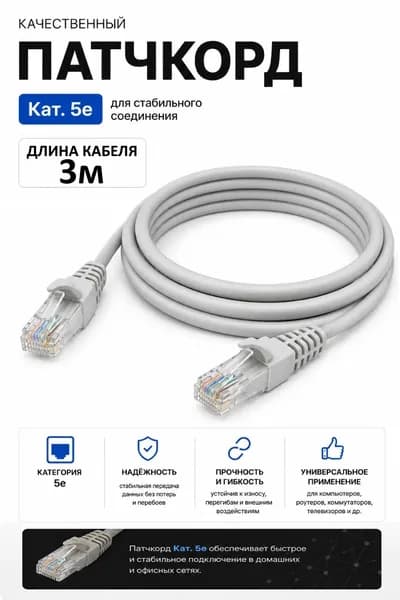 Патч-корд 3 метра, интернет кабель RJ-45, категория 5e, UTP, сетевой Enternet Lan для интернета соединения, серый