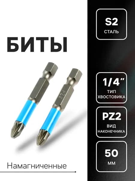 Биты ТУНДРА, намагниченные, сталь S2, PZ2 50 мм, 2 шт.