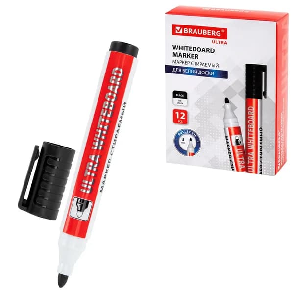 Маркер стираемый для белой доски ЧЕРНЫЙ, BRAUBERG "ULTRA WHITEBOARD MARKER", 3 мм, с клипом, 152634 маркеры и текстовыделители, канцелярские товары для офиса и дома