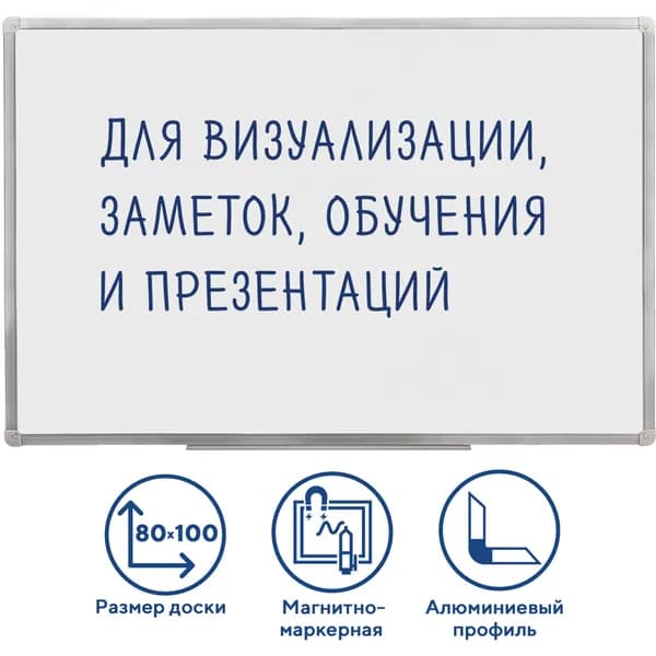 Доска магнитно-маркерная (80х100 см), алюминиевая рамка, ГАРАНТИЯ 10 ЛЕТ, РОССИЯ