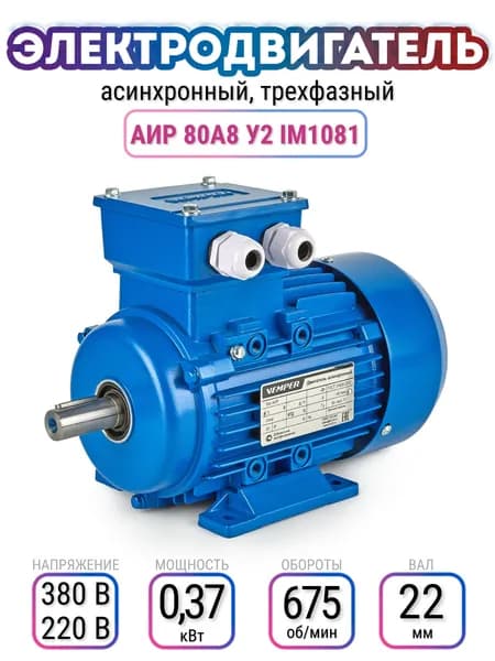 Электродвигатель 80A8 АИР, 220В/380В, мощность 0,370 кВт, частота вращения 675 об/мин, лаповый, вал 22 мм, трехфазный асинхронный, VEMPER