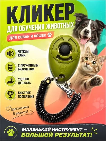 Кликер для дрессировки собак и кошек с браслетом и карабином, зеленый