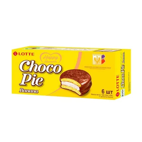 Печенье Lotte Choco Pie со вкусом Банана, пирожное прослоенное, глазированное, 168г - 1 упаковка по 6 шт