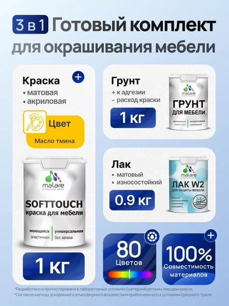 Комплект Malare SoftTouch для окрашивания мебели (1кг грунт + 1 кг краска + 0.9кг лак), акриловый, без запаха, быстросохнущий, матовый, цвет масло тмина