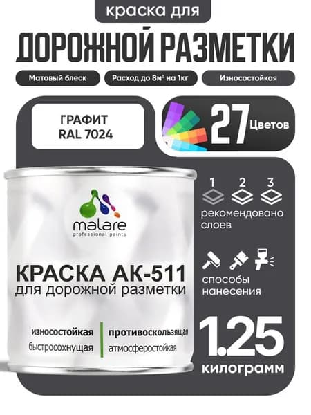 Дорожная краска АК-511 Malare для дорожной разметки, краска для пола по бетону, износостойкая, быстросохнущая, матовая RAL 7024, графитово-серый(темный), 1,25 кг