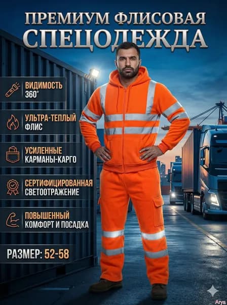 Рабочий костюм с капюшоном на молнии, утепленный, хлопок 65%, размеры 46-58