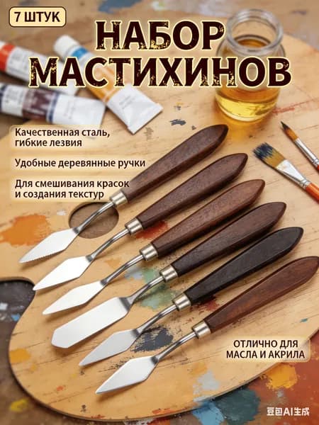 Мастихины для рисования из нержавеющей стали с деревянной ручкой, Набор 7 шт, Инструменты для создания текстур и рельефа