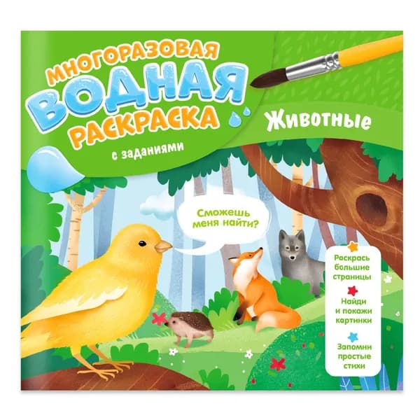 Многоразовая водная раскраска с заданиями. Животные. Серия: Раскрась и узнай (24х23 см) 10 стр.
