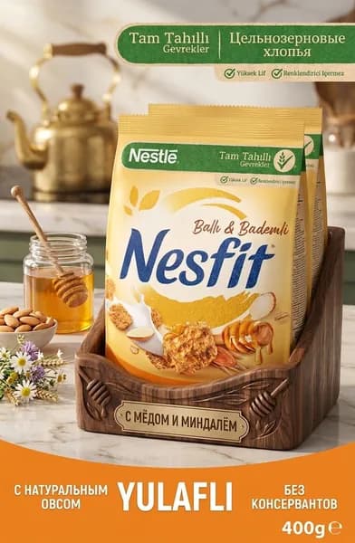 Nestle Nesfit цельнозерновые и рисовые хлопья с мёдом и миндалем 2x400 г