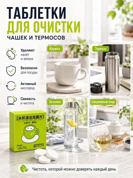 Шипучие таблетки для удаления чайного налёта и накипи с чашек 12шт