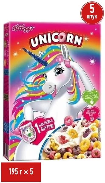 Колечки Kellogg's Unicorn Радужные с фруктовым вкусом 195 г, набор: 5 штук