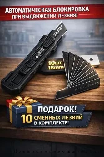 Безопасный нож с автоматическим замком18 мм, 1 лезвие + 10 сменных