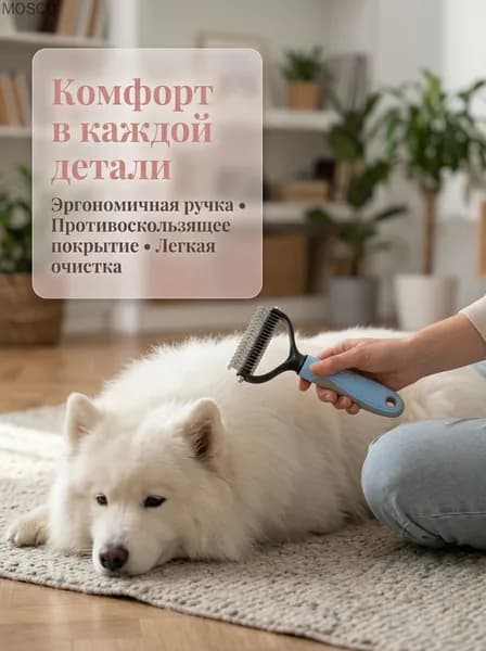 Пуходерка для кошек и собак 170 мм синяя, профессиональный груминг, распутывание шерсти, удобный хват