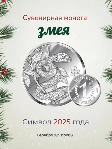 Сувенирная серебряная монета Змея, серебро 925 пробы