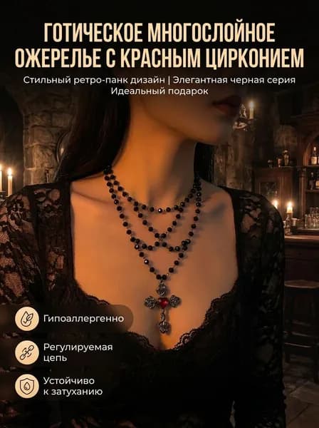 Женское готическое ожерелье с многослойным крестом и красным цирконием