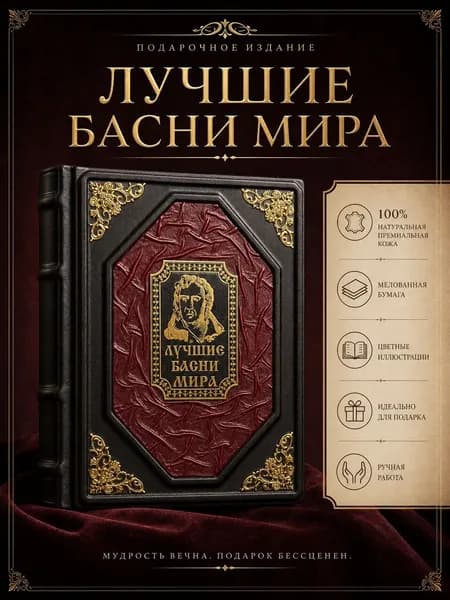Подарочная книга Лучшие басни мира в кожаном переплете ручной работы эксклюзивное издание из натуральной кожи с цветными иллюстрациями | Кузьмин В. В.