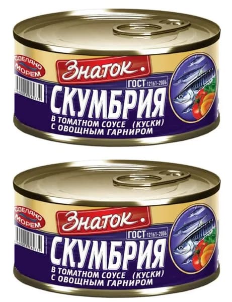 Знаток Скумбрия дальневосточная с овощным гарниром, в томатном соусе, 240 г, 2 шт