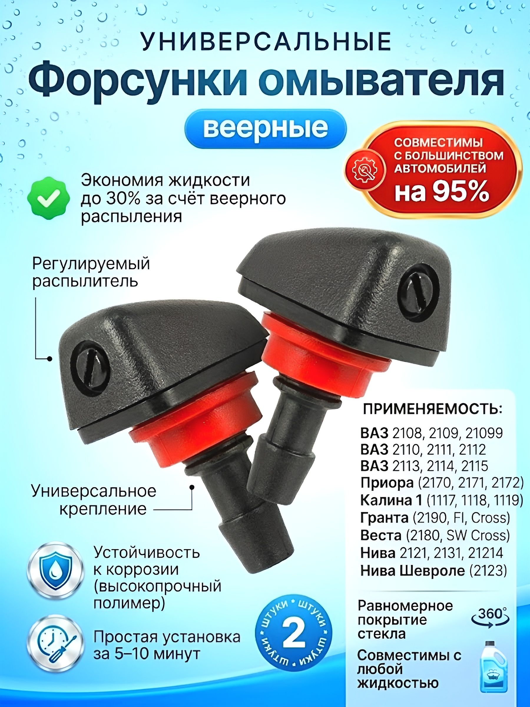 Форсунки омывателя лобового стекла (веерные) применяются для ВАЗ 2108 - 2115, подходят на Нива Шевроле, 21214, совместимы с Гранта, подойдут на Приора - ВЫСОКОПРОЧНЫЙ ПОЛИМЕР.