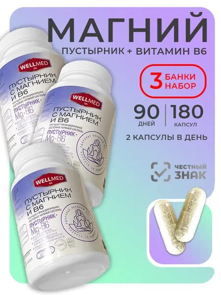 WELLMED CH Набор 3в1 Магний B6 с пустырником для нервной системы для взрослых, 180 капсул