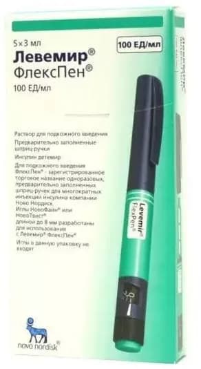 Левемир Флекс Пен, раствор 100 ЕД/мл, шприц-ручки 3 мл, 5 шт.