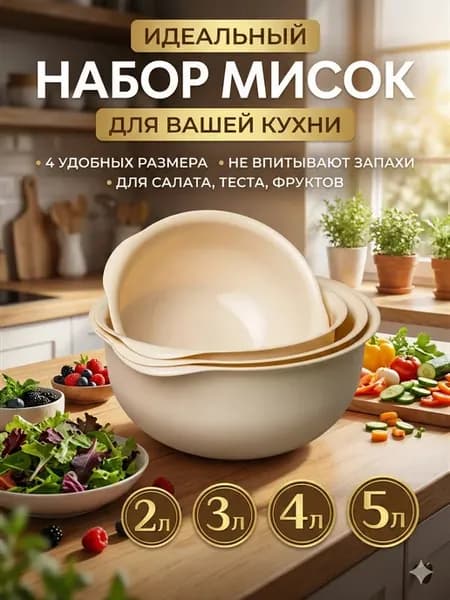 Набор мисок кухонных пластиковых для салата и теста 4 шт
