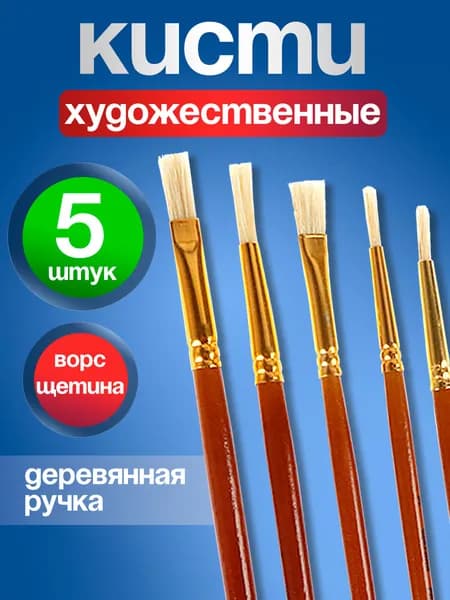 Кисти набор для рисования 5 штук, кисточки для школы (щетина круг.№3,5,7; щетина плоская №4,9)